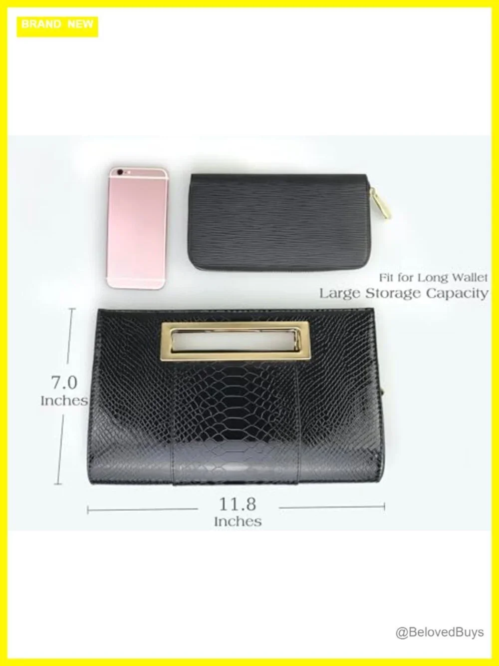 Faux Leather Crocodile Pattern Clutch with Cut-Out Metal Handle and Chain Strap